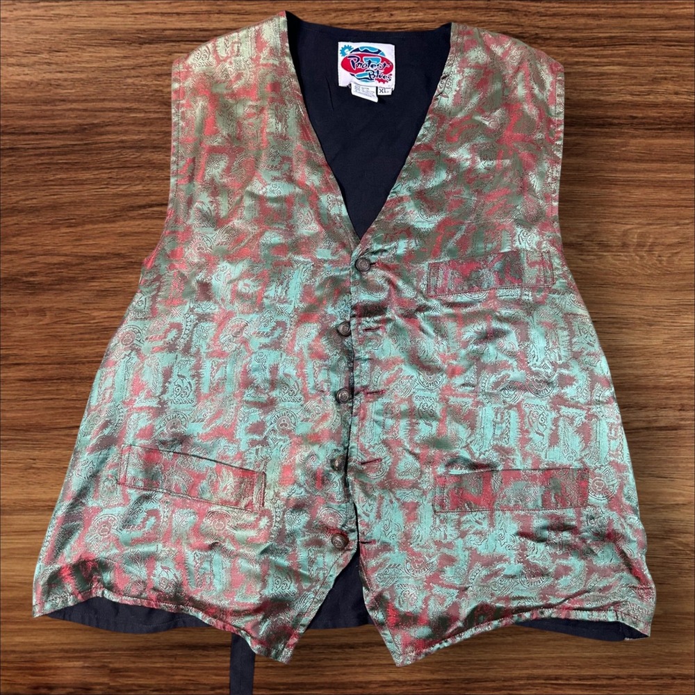 Vintage Protest‎ Blues Vest XL Rayon Green Red Paisley Patterned Menswear